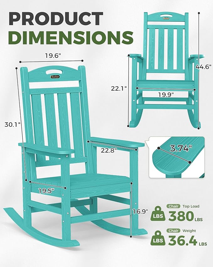 Oversized Outdoor Rocking Chair Set of 2, HDPE All-Weather Patio Rocking Chairs, High Back Outdoor Rocker for Porch, Patio, Lake Blue - Image 3