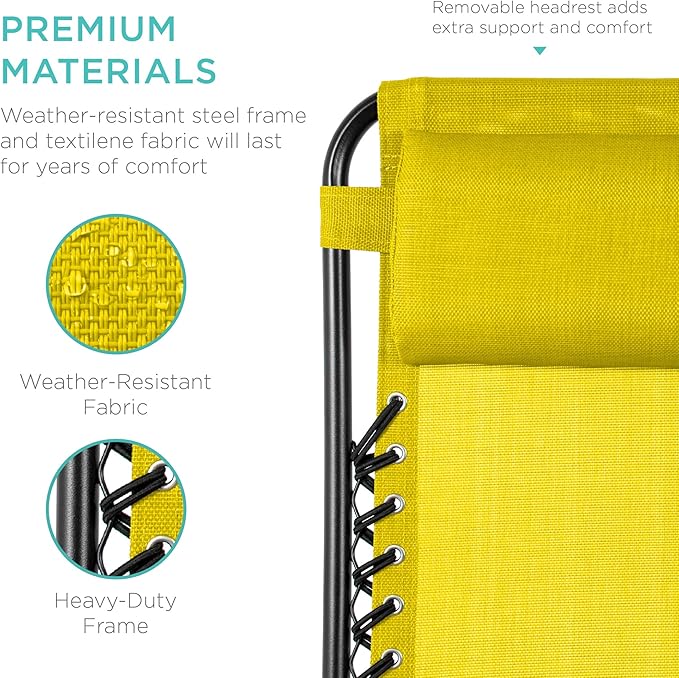 Best Choice Products Set of 2 Adjustable Steel Mesh Zero Gravity Lounge Chair Recliners w/Pillows and Cup Holder Trays - Sunflower Yellow - Image 7