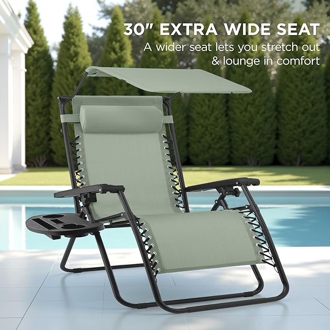 Best Choice Products 30” Wide Folding Zero Gravity Outdoor Recliner Patio Lounge Chair w/Adjustable Canopy Shade, Headrest, Side Accessory Tray - Sage Green - Image 3