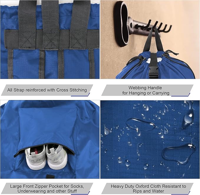BeeGreen Laundry-Bag-Backpack-Heavy-Duty, Royal Blue Nylon Drawstring Portable - Image 5