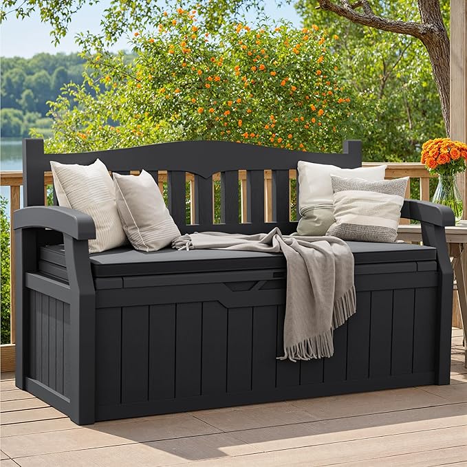 Greesum 80 Gallon Outdoor Storage Bench Deck Box with Cushion & Armrest, Lockable, Waterproof UV Resistant, Comfortable Seating for Patio, Pool, Garden, Black - Image 2