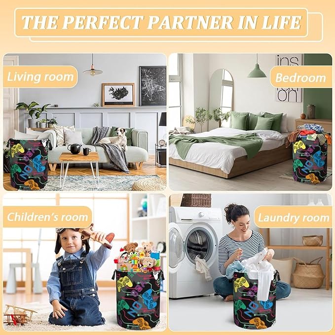 Colorful Game Joysticks Laundry Hamper Bag, Video Game Controller Background - Image 7