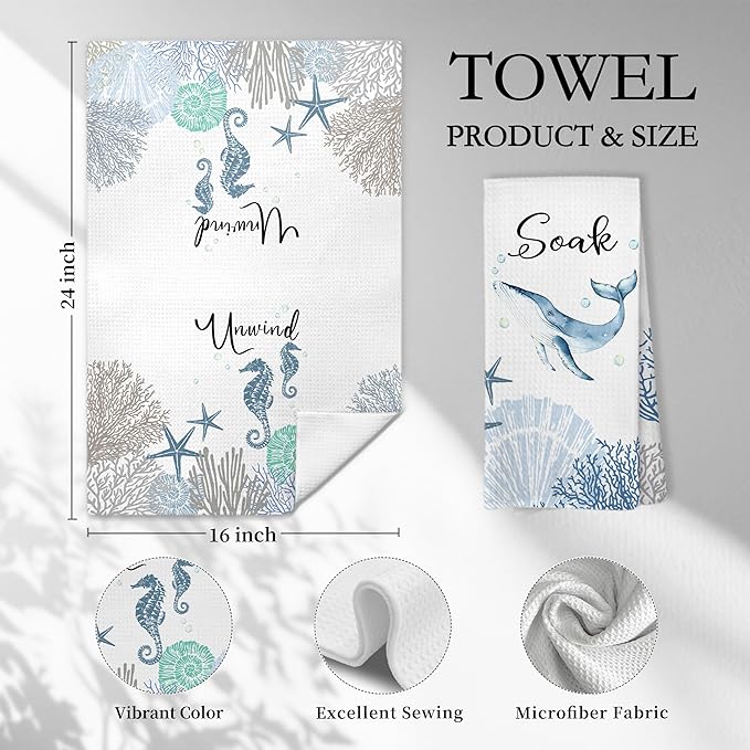 Coastal Hand Towels for Bathroom Set of 4, Relax Breathe Soak Unwind Decorative - Image 2