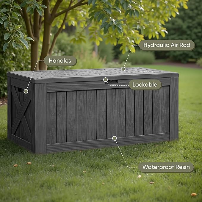 Flamaker Resin Deck Box 120 Gallon Waterproof Large Outdoor Indoor Storage Box Imitation Wood Resin for Patio Furniture Garden Tools and Pool (Gray) - Image 2