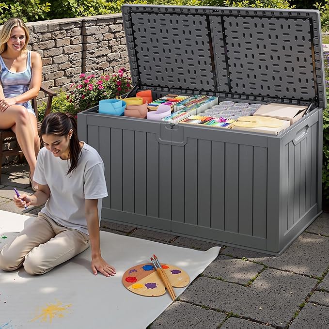 JUMMICO 250 Gallon Outdoor Resin Deck Box with Divider, Waterproof Storage Box with Lockable Lid&Side Handles for Garden Tools, Pools Supplies (Gray) - Image 6