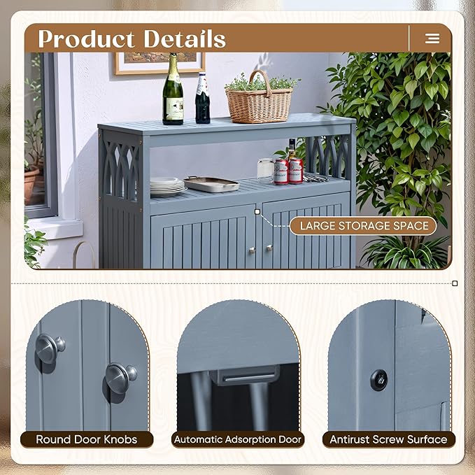 Flamaker Acacia Wood Cabinet with 2 Magnetic Doors - Weatherproof Outdoor Storage, Buffet, TV Stand, Bar, Potting Table (Grey) - Image 4