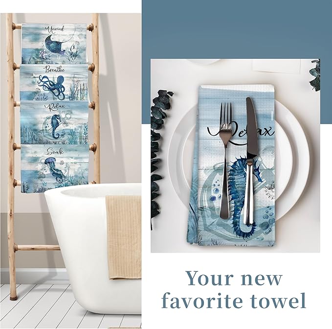 Nautical Hand Towels, Coastal Beach Bathroom Decor, Manta Ray Octopus Jellyfish - Image 7