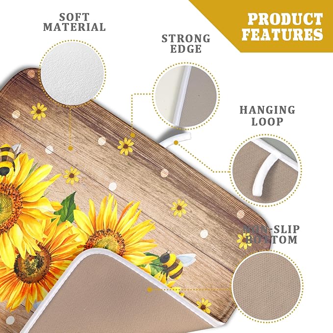 Sunflower Bee Dish Drying Mat for Kitchen Counter Home 16x18 Inch Wood Barn - Image 4