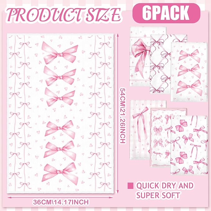 Breling Set of 6 Pink Bow Towels Vintage Pink Dish Towel Bathroom Decorative - Image 4