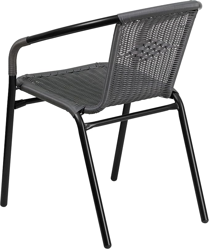 EMMA + OLIVER Set of 2 Modern Rattan Indoor/Outdoor Stack Chairs, Stacking Rattan Patio Chairs with Curved Back and Cross Bracing, Gray - Image 9