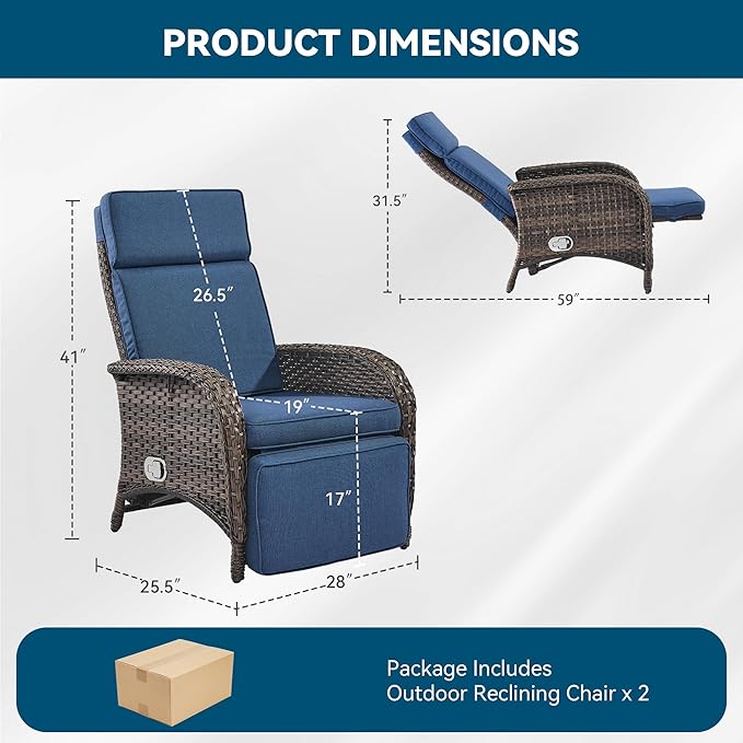 Zero Gravity Wicker Patio Recliner Chairs Set of 2 - Wicker Outdoor Lounge Chair with Adjustable Backrest & Footrest, All Weather Outdoor Reclining Chairs with Thick Cushion for Pool Deck Blue - Image 2