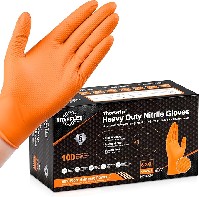 TitanFlex Heavy Duty Orange Industrial Nitrile Gloves by TitanFlexDisposableGloves