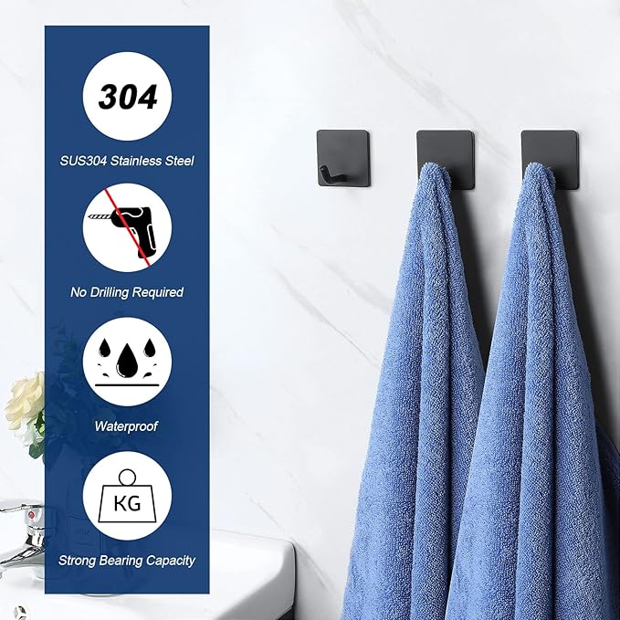 NearMoon Adhesive Hooks- Heavy Duty Bath Wall Hooks Waterproof Stainless Steel - Image 3