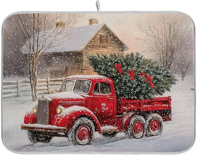 Red Christmas Truck Dish Drying Mat by BOENLE-WELCOMEYOURCOMING