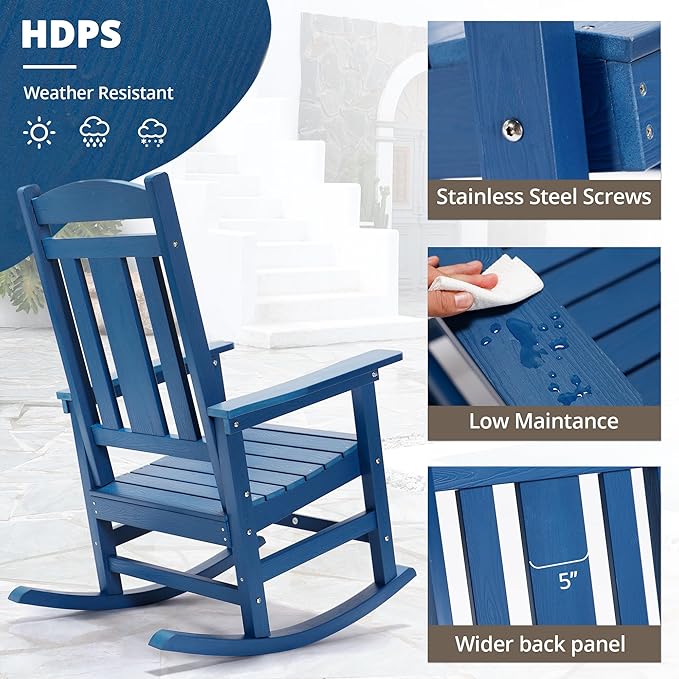 LUE BONA Outdoor Rocking Chairs Set, 3-Piece, HDPS Poly Porch Rockers with Table, Plastic Weather Resistant Rocking Chair Set for Outdoor Indoor, Garden, Backyard, 350lb, Navy Blue Chairs+Table - Image 4