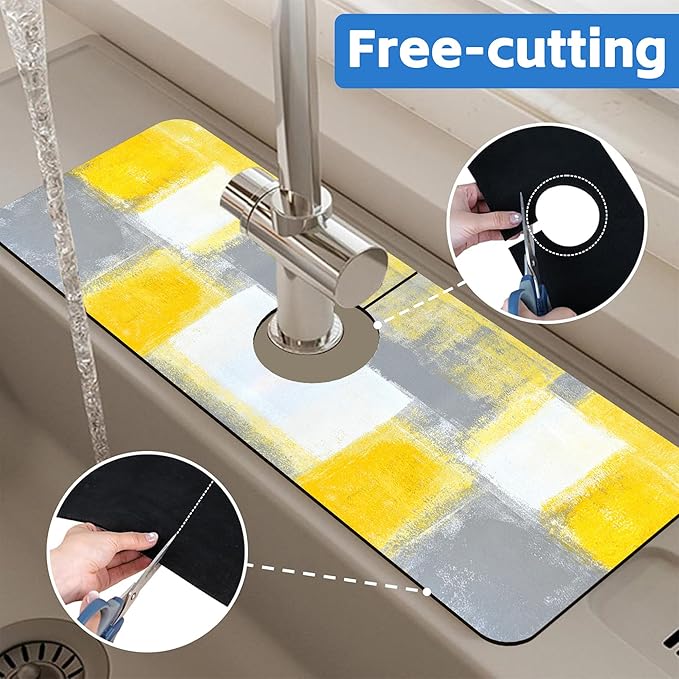 Grey and Yellow Abstract Kitchen Sink Splash Guard Mat Absorbent Fast Drying - Image 7