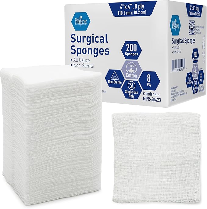 MED PRIDE Surgical Sponges 200 Pack 4'' x 4'', 8 ply -Gauze Pads Non sterile by MEDPRIDE