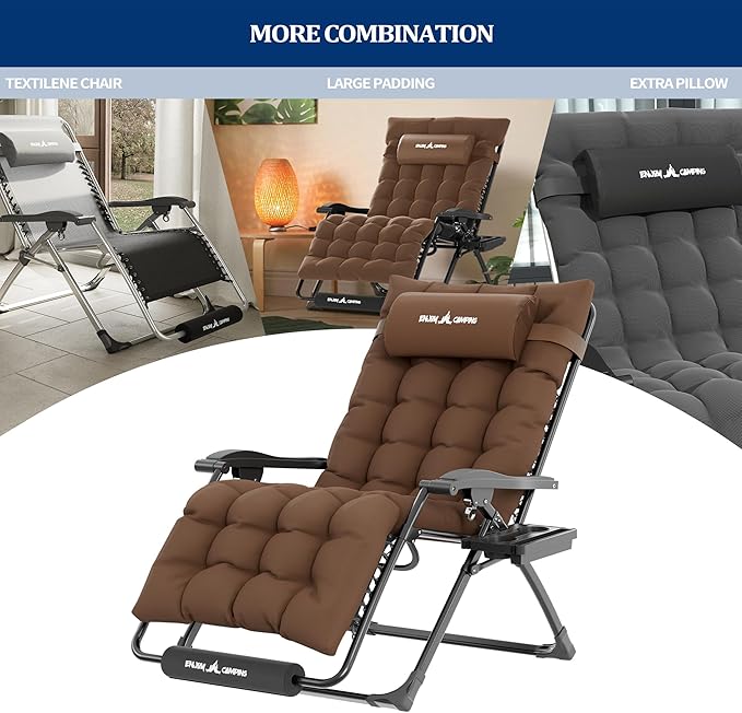 UDPATIO Oversized Zero Gravity Chair Set of 2, 29In XL Patio Reclining Chair with Cushion, Outdoor Folding Recliner with Pillows|Cup Holder|Foot Rest|Padded Headrest, Brown, Support 500LB - Image 4