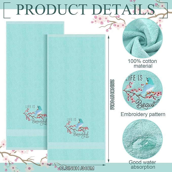 2 Pcs Bird Hand Towels Mint Green Bathroom Decor 14x29 Inch Embroidered 100% - Image 2