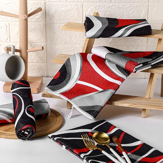 Boyiee Set of 6 Red Black Grey White Kitchen Towels Modern Geometric Dish Hand - Image 2