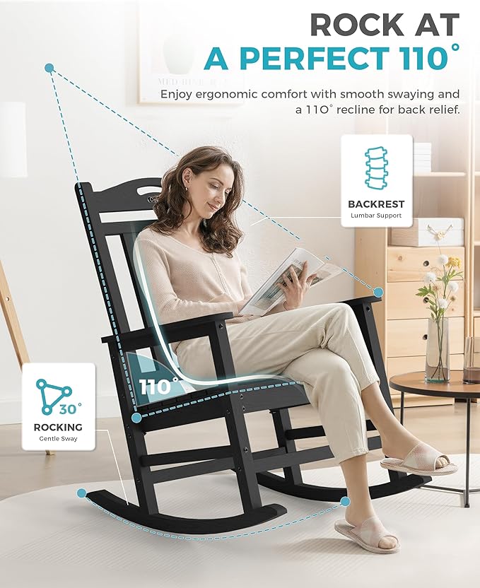 Ciokea Oversized Outdoor Rocking Chairs Set of 3, 380lbs Heavy-Duty Large Patio Rocker, High Back Cozy Porch Chairs, Weather Resistant Patio Rocking Chairs for Outside, Fire Pit, Deck, Black - Image 5