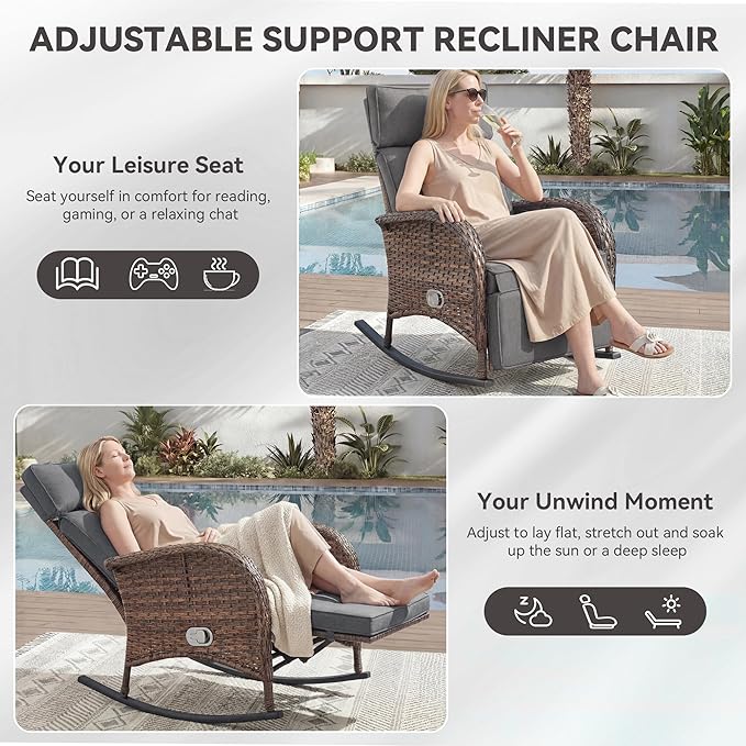 Zero Gravity Patio Rocking Wicker Recliner Chair - Wicker Outdoor Lounge Chair with Adjustable Backrest & Footrest, All Weather Reclining Rocker Chairs with Thick Cushion for Pool Deck Gray - Image 5