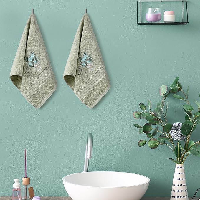 2 Pcs Eucalyptus Hand Towels Gray Green Bathroom Decor 14x29 Inch Embroidered - Image 6
