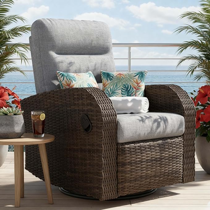 Outdoor Swivel Recliner Chair, All-Weather Wicker Reclining Patio Chair with Adjustable Backrest and Footrest by Vakollia