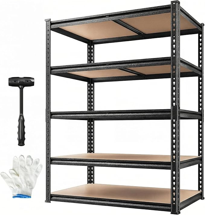 REIBII 2400LBS Storage Shelves 5 Tier Garage Shelving Heavy Duty, Adjustable Metal Shelving Unit, Garage Shelves for Basement, Warehouse, Pantry, Closet, Kitchen 72" H x 35.55" W x 16" D, Black by REIBII