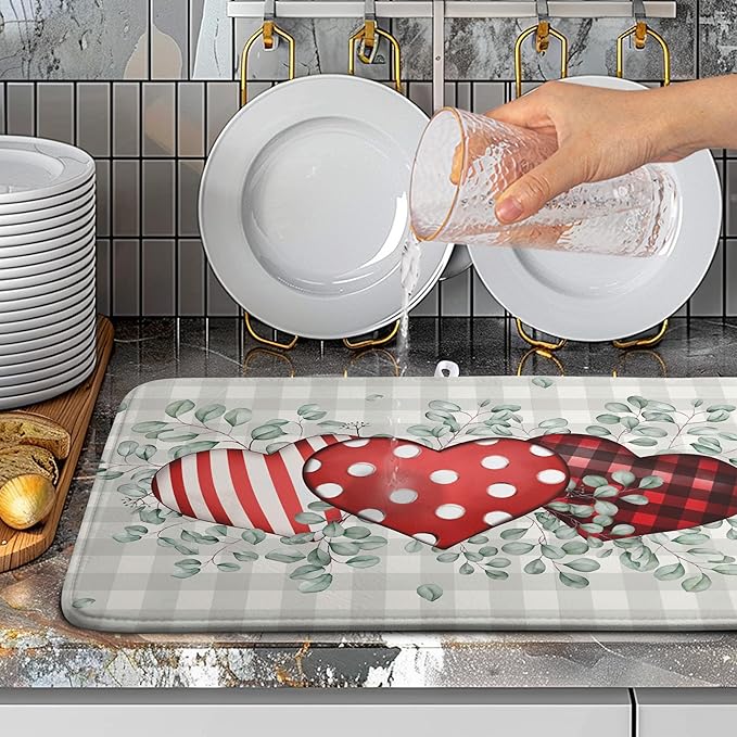 Valentines Day Dish Drying Mat Valentine Buffalo Plaid Eucalyptus Hearts Dishes - Image 4