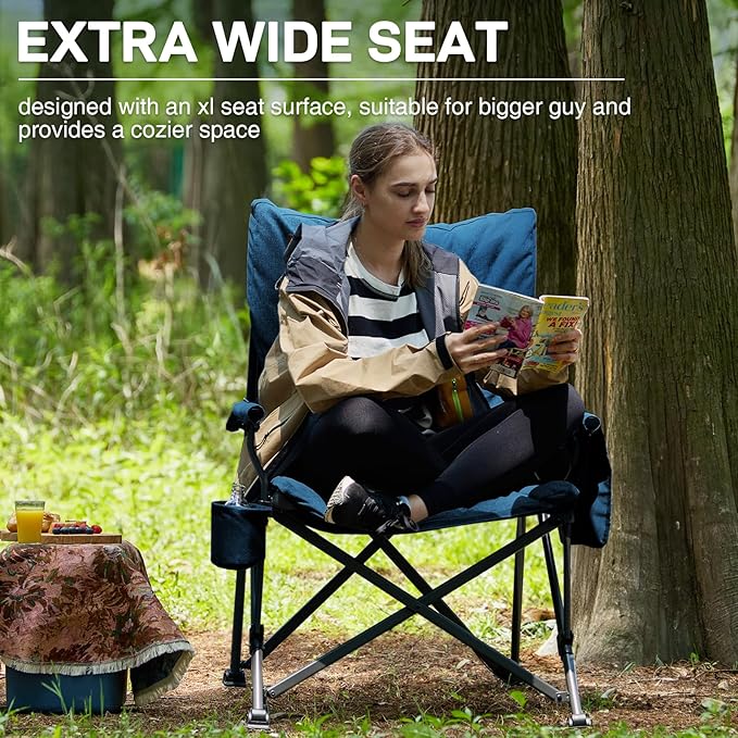 EVER ADVANCED Padded Oversized Folding Camping Chair for Adults, Heavy Duty Lawn Chair with Side Pockets, Portable Collapsible Quad Chair for Outside, Support Up to 500lbs, Blue - Image 6