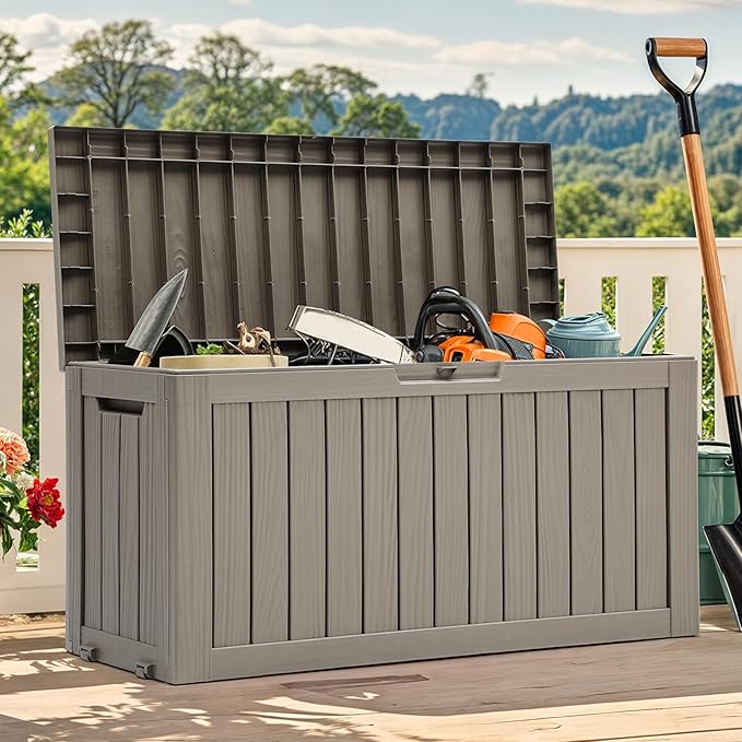 YITAHOME 72 Gallon Outdoor Resin Deck Box with Wheels, Pool Storage Box for Outdoor Cushions, Sports Equipment, Garden Tools, Light Brown - Image 8