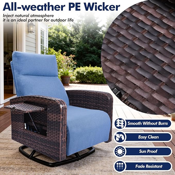 Outdoor Recliner Chair Set of 2, Wicker Patio Recliners with Adjustable Backrest and Extended Foot Rest, Reclining Patio Chairs with Flip Table & Removable Cushion Cover for Porch - Image 5