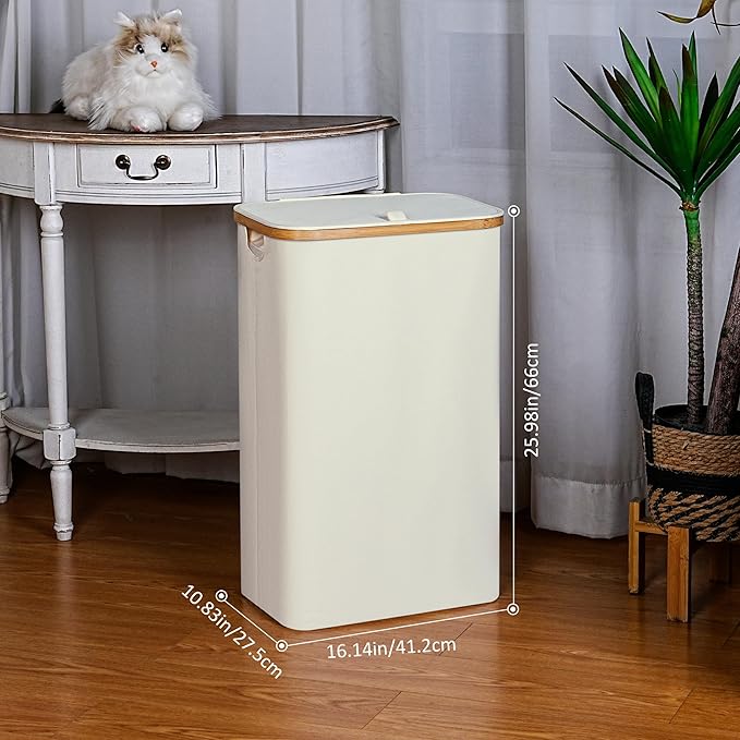 Slim Laundry Hamper, 75L Beige Narrow Laundry Basket - Image 2