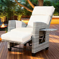 Outdoor Wicker Recliner Chair, 145° Patio Lounge Chair with 4" Cushion, Adjustable Backrest & Footrest, Flip-up Table & Side Pocket for Backyard, Deck, Balcony, Terrace, Poolside by Unknown