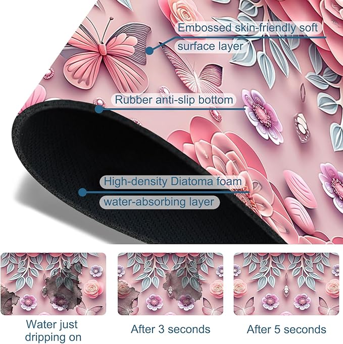 Pink Floral Sink Splash Guard Faucet Mat Flower Butterfly Super Absorbent Fast - Image 3