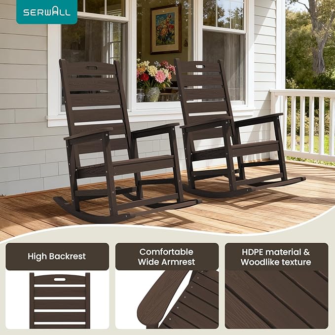 SERWALL Outdoor Rocking Chair Set of 2, Oversized Rocking Chair with Footboard for Adults, HDPE All Weather Resistant Rocking Chairs for Patio, 350lbs Weight Capacity,Coffee - Image 10