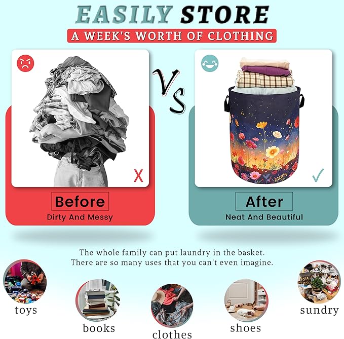 Colorful Flowers At Night Laundry Basket Floral Foldable Funny Laundry Hamper - Image 3