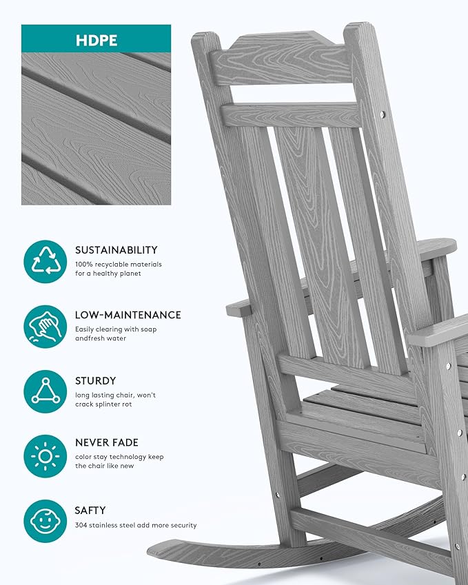 SERWALL Oversized Rocking Chair Set of 2 Outdoor, HDPE Outdoor Rocking Chair Set of 2, Space Gray - Image 5