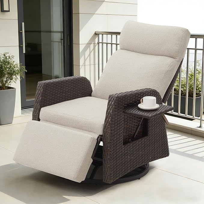 Adjustable Outdoor Recliner Chair with Independent Backrest & Footrest, Patio Swivel Recliner Chair, Wicker Reclining Patio Chair w/Flip-Up Table, Air Pump 155° Lay Flat Chaise Lounge, Beige by Unknown