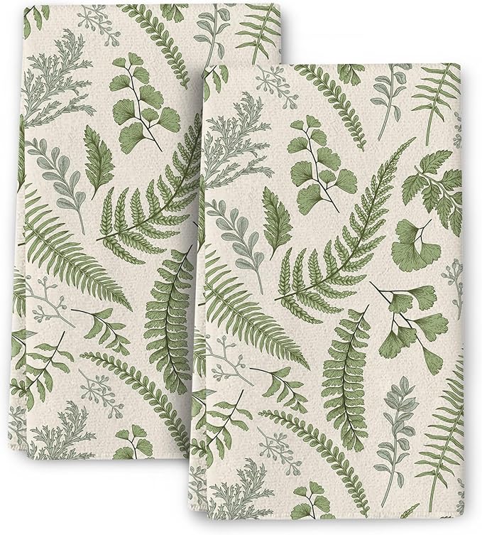 Cute Botanic Dish Towels for Drying Dishes, Absorbent Decorative Sage Green by Wovoto