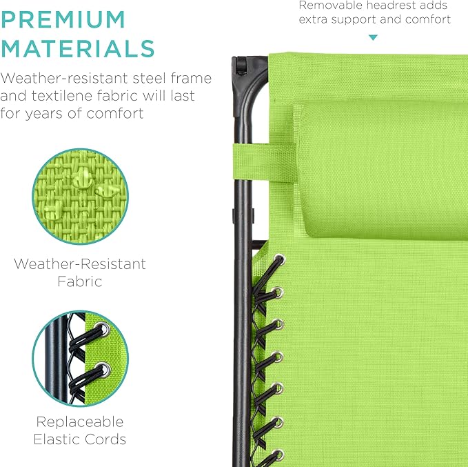 Best Choice Products Folding Zero Gravity Outdoor Recliner Patio Lounge Chair w/Adjustable Canopy Shade, Headrest, Side Accessory Tray, Textilene Mesh - Lime Green - Image 6
