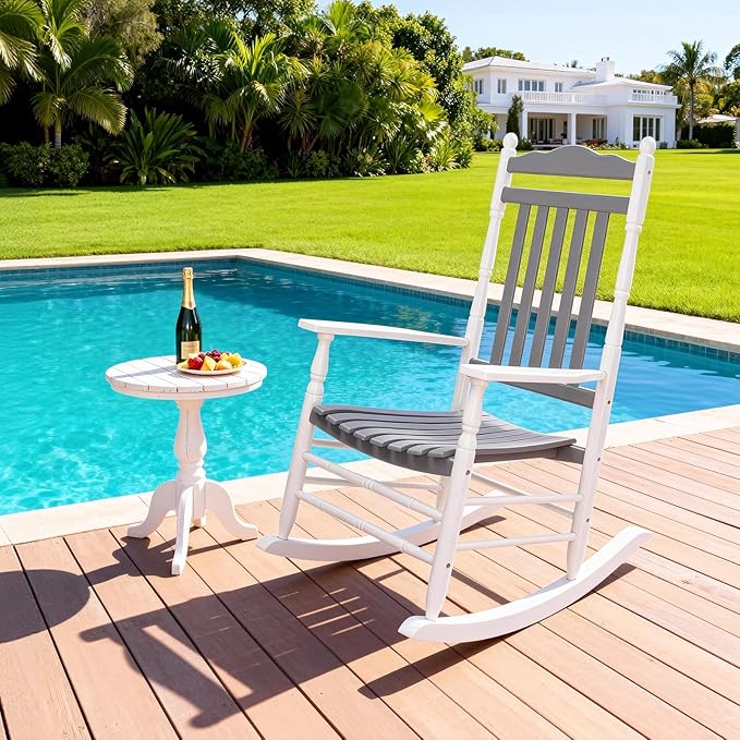 VINGLI Wooden Rocking Chair, Outdoor Chair with 450 lbs Support, Relaxing Rocker with Solid Wood High Back Seat Reclining Seat for Deck, Garden, Backyard, Porch (White & Grey, 1PC) - Image 7