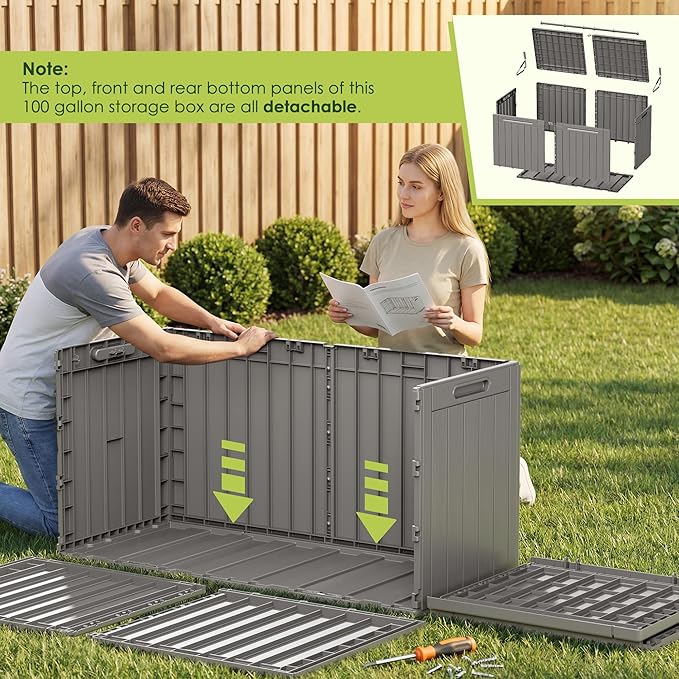 Devoko 100 Gallon Outdoor Storage Box, Waterproof Resin Deck Box for Patio Furniture, Lockable Container for Garden Cushions & Pool Supplies (Light Brown, 100 Gallon) - Image 5