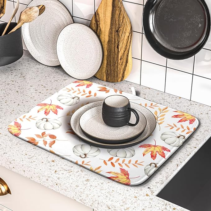 Fall Dish Drying Mat for Kitchen Counter Autumn White Pumpkins Maple Leaves - Image 5