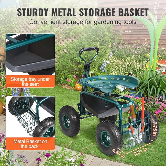 VEVOR Garden Cart Rolling Workseat with Wheels, Gardening Stool for Planting, 360 Degree Swivel Seat, Wagon Scooter with Steering Handle & Utility Tool Tray, Use for Patio, Yard, and Outdoors, Green - Image 5