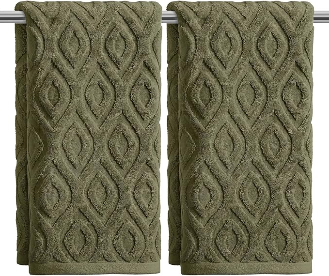 Artoid Mode 2 Pcs Olive Green 3D Diamond Grid Jacquard Hand Towels by ArtoidMode