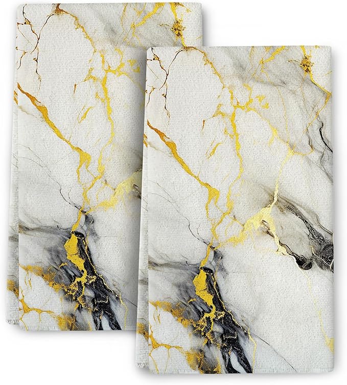 Black Gold Kitchen Towel Set of 2, Soft Absorbent Decorative Hand Towels Tea by Wovoto
