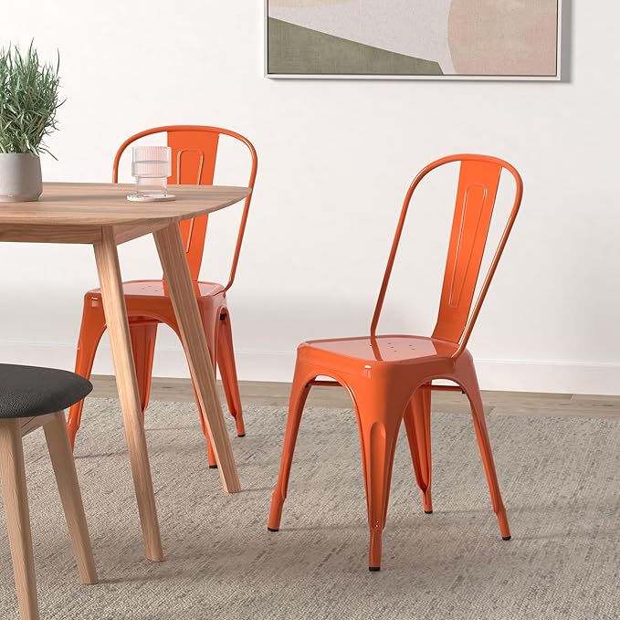 Nazhura Metal Dining Chair Farmhouse Tolix Style for Kitchen Dining Room Café Restaurant Bistro Patio, 18 Inch, Stackable, Waterproof Indoor/Outdoor (Sets of 4) (Orange, Steel Seat) - Image 2