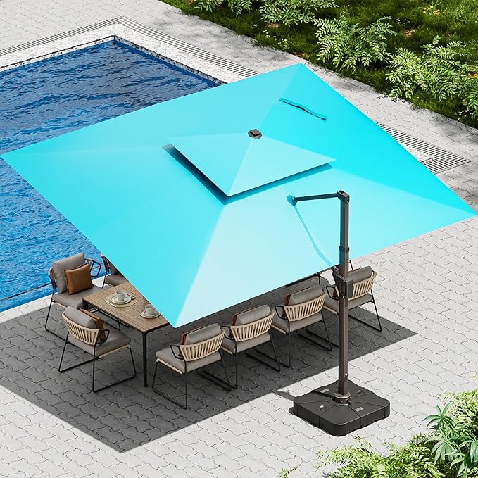10 X 13 FT Cantilever Patio Umbrella with Led Lights and Base Included Outdoor Heavy Duty Double Top Rectangle Offset Umbrellas with 360-degree Rotation for Pool Deck Backyard, Turquoise by Ombrellon